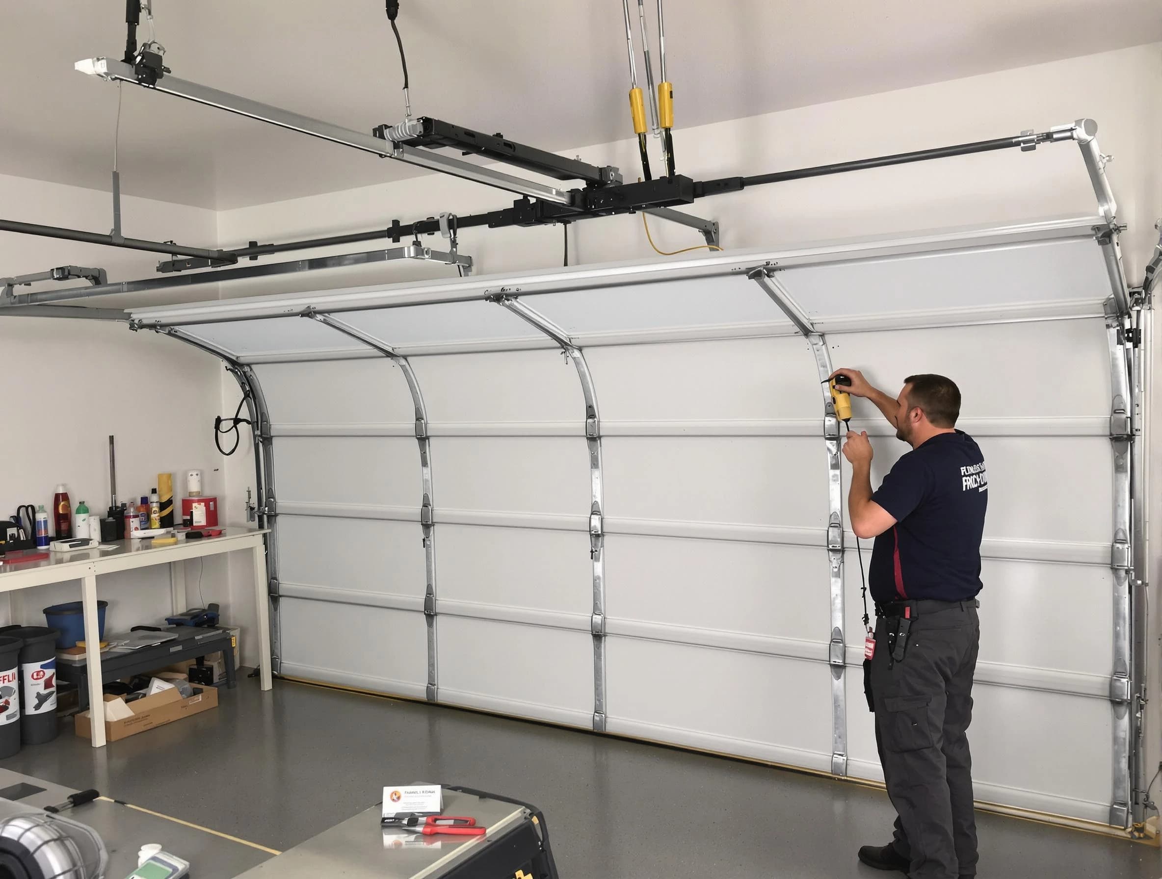 Edgewater Garage Door Repair certified technician performing overhead door system repair in Edgewater