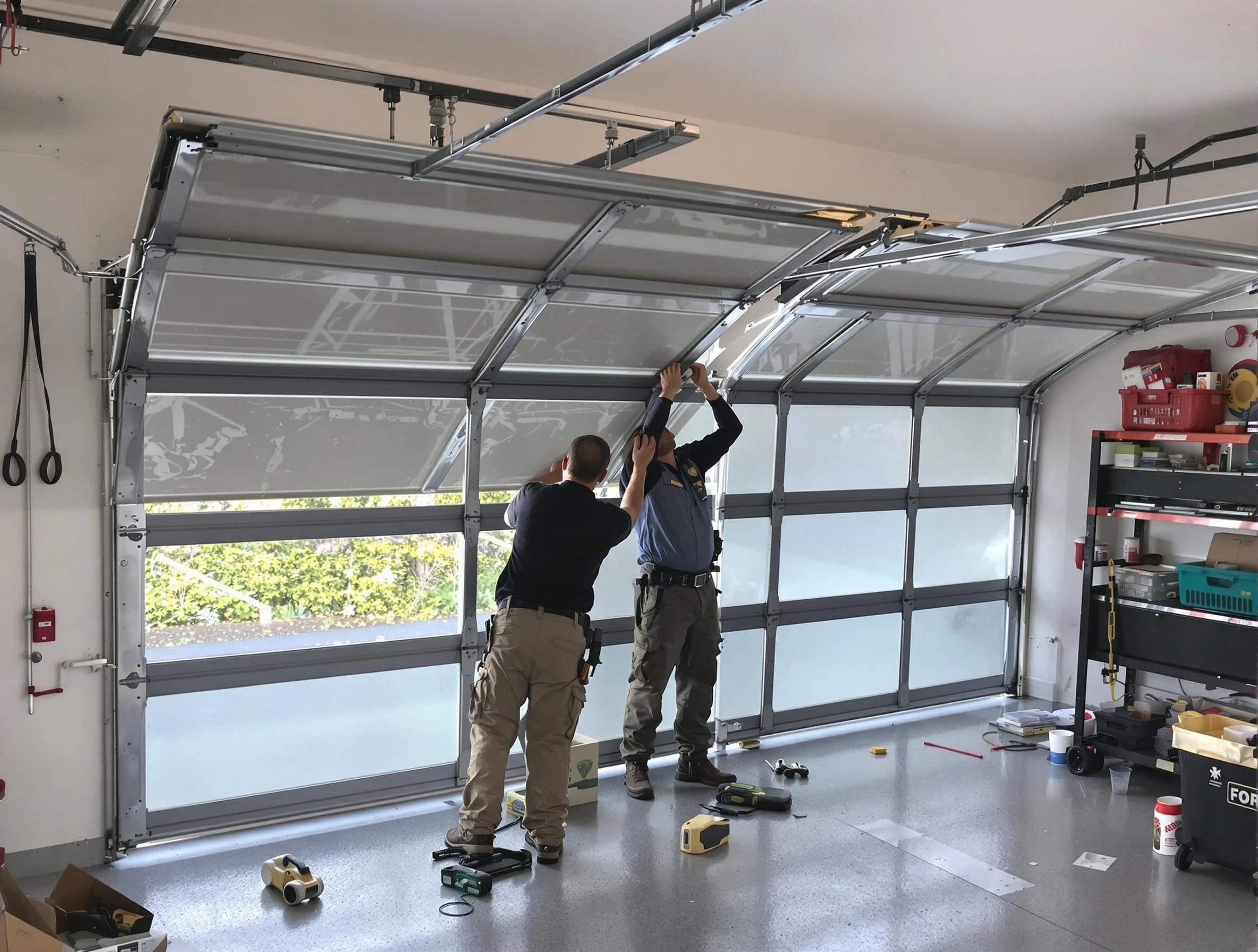 Edgewater Garage Door Repair expert performing precise panel replacement on Edgewater garage door