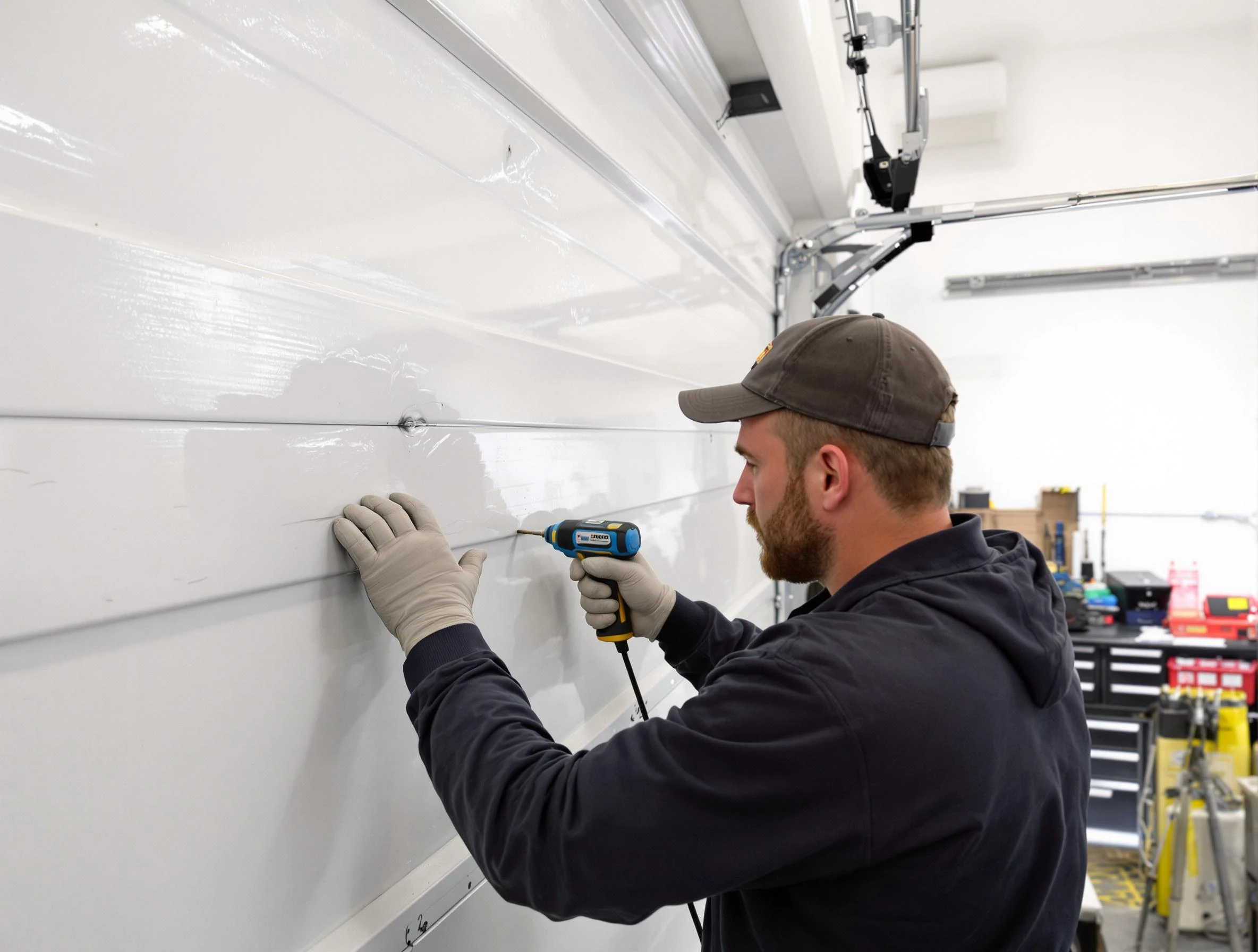 Edgewater Garage Door Repair technician demonstrating precision dent removal techniques on a Edgewater garage door