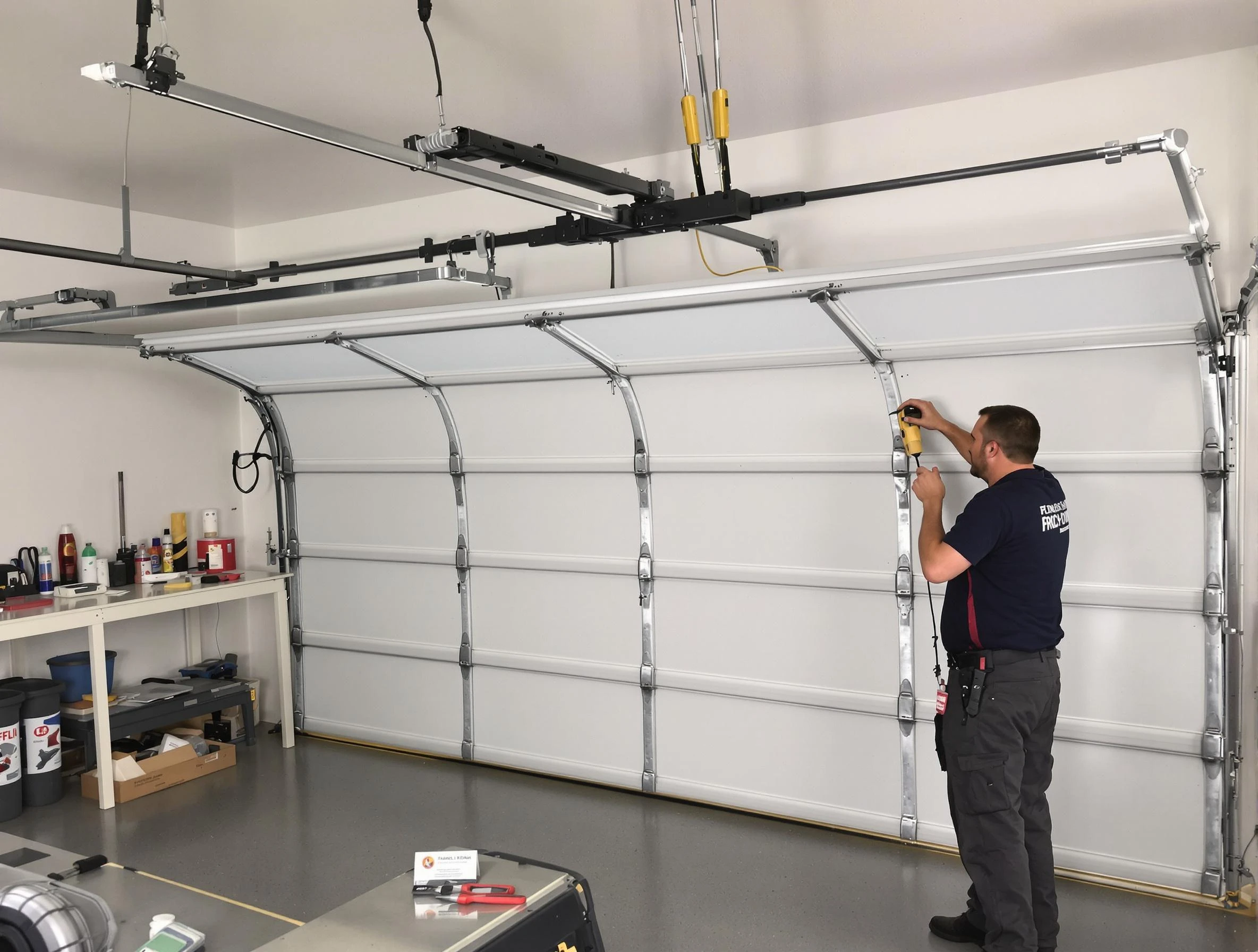Edgewater Garage Door Repair certified technician performing overhead door system repair in Edgewater