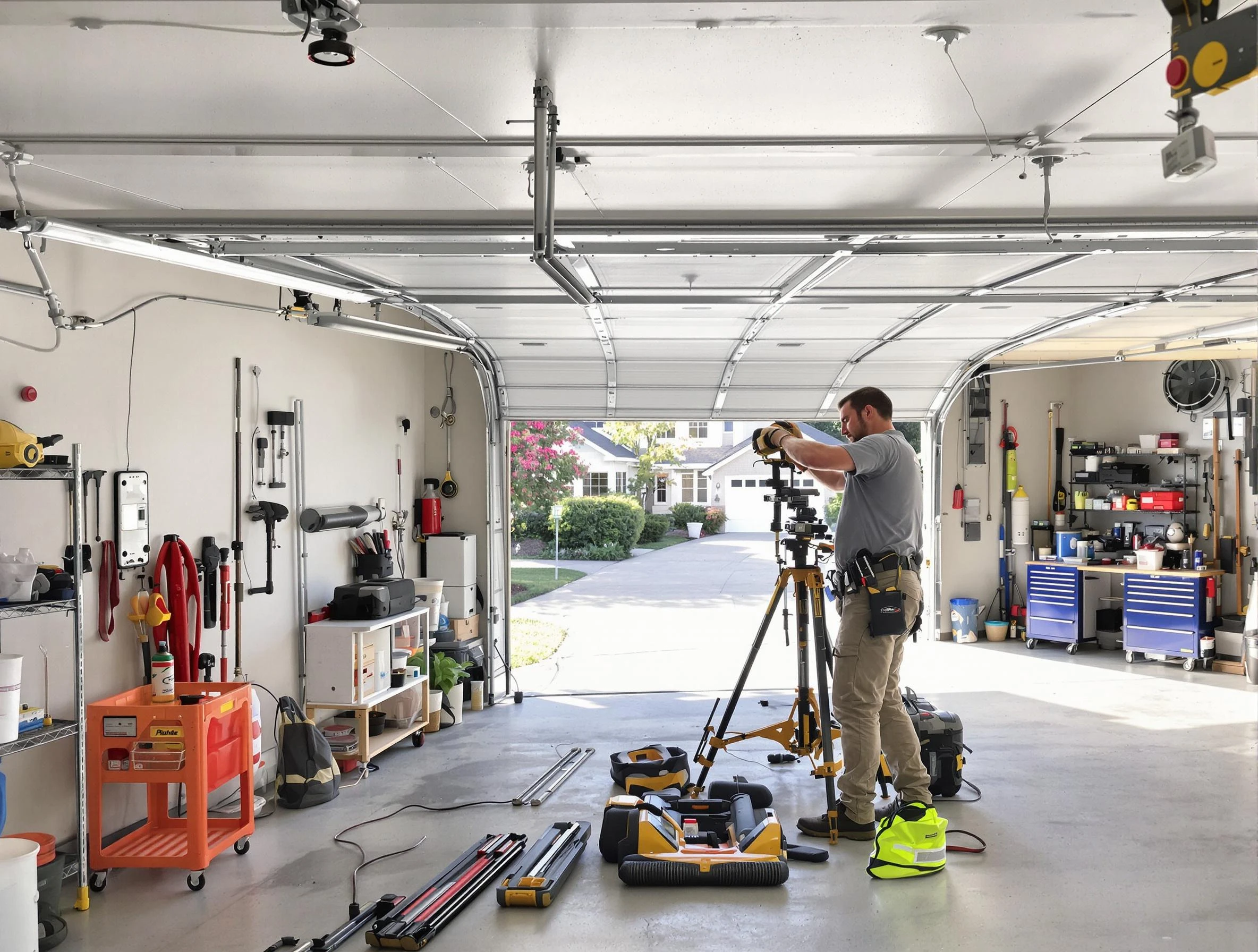Edgewater Garage Door Repair specialist performing laser-guided track alignment in Edgewater